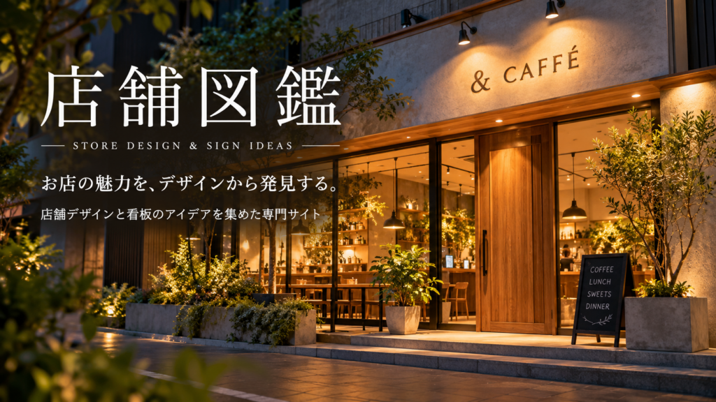 店舗図鑑のメインビジュアル。温かみのある照明と木材を使ったカフェの外観デザイン。看板・店舗デザインのアイデアを紹介。